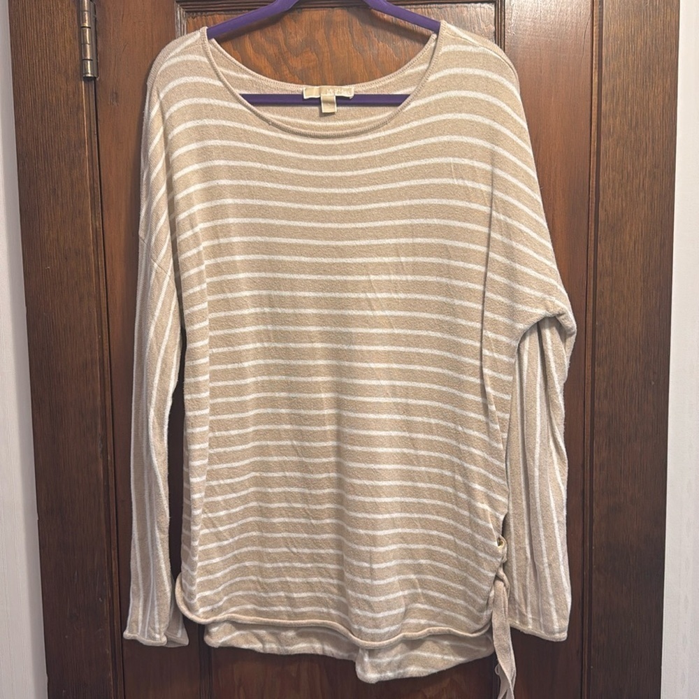 Michael Kors Women’s Tan White Stripe Pullover Sweater Ties On The Side